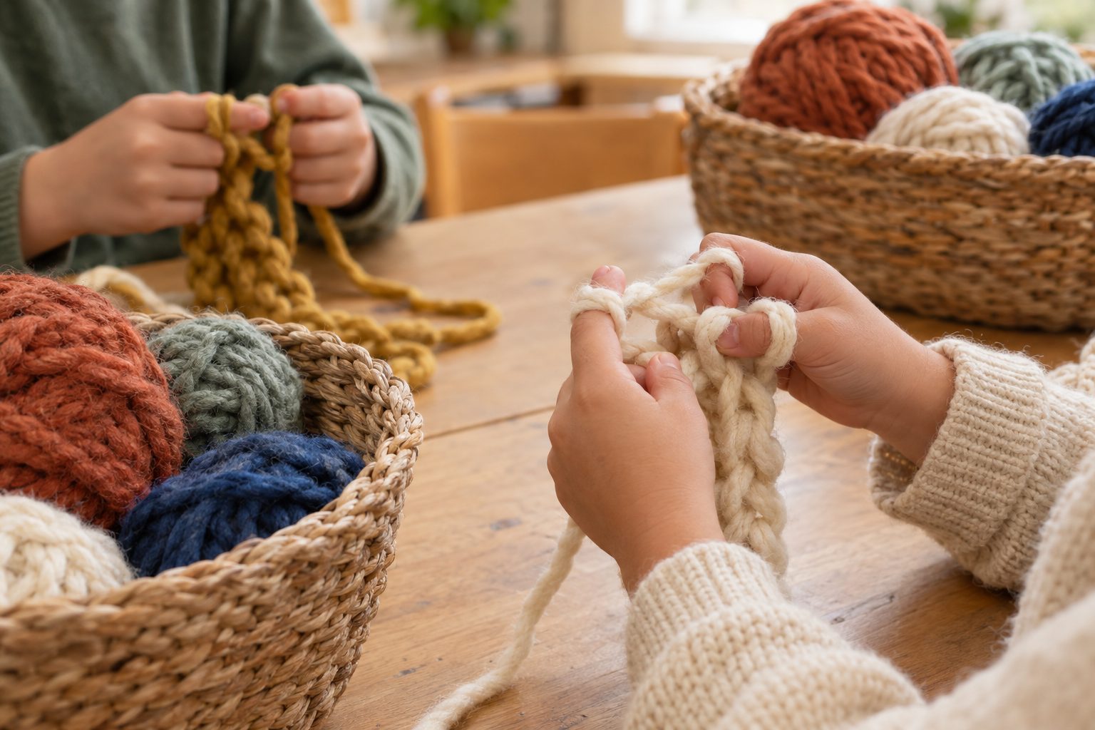 Children finger-knitting with chunky cream and mustard wool at a wooden table, baskets of donated yarn beside them