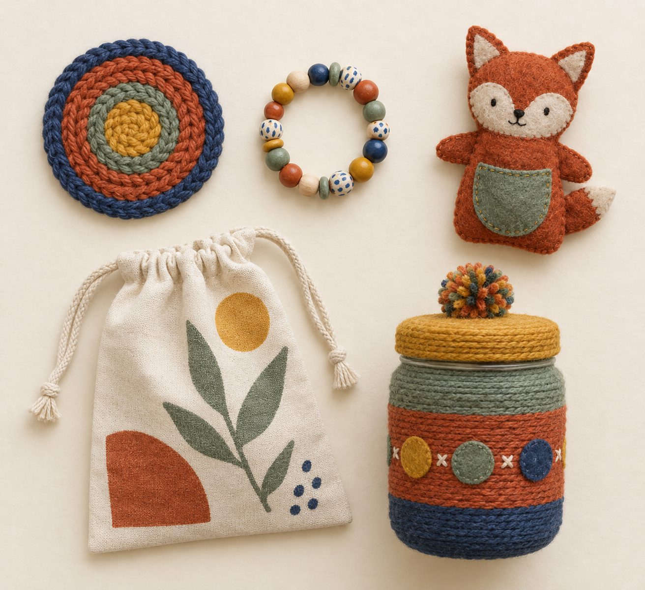 Finished children's makes laid out on cream paper: a knitted cord coaster, beaded bracelet, felt pocket pal, drawstring bag and a yarn-wrapped storage jar